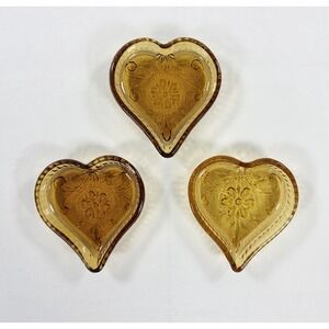 Set of 3 Vintage Tiara Amber Glass Sandwich Pattern Heart Shape Nut Dishes